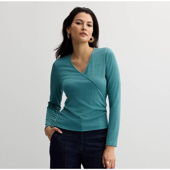 Nine West Faux Wrap Top L Turquoise Long Sleeve Business Casual colorful basic - Picture 1 of 7
